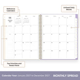 An open spiral-bound planner shown as a monthly calendar spread with labeled callouts pointing to features such as reference calendars, unlined daily blocks, top priorities and notes panel, and a calendar year from January 2027 to December 2027.