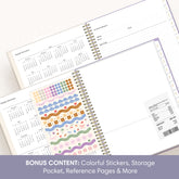 An open spiral-bound planner showing lined pages, tabbed sections, and a sheet of colorful decorative stickers. A purple banner at the bottom reads: &