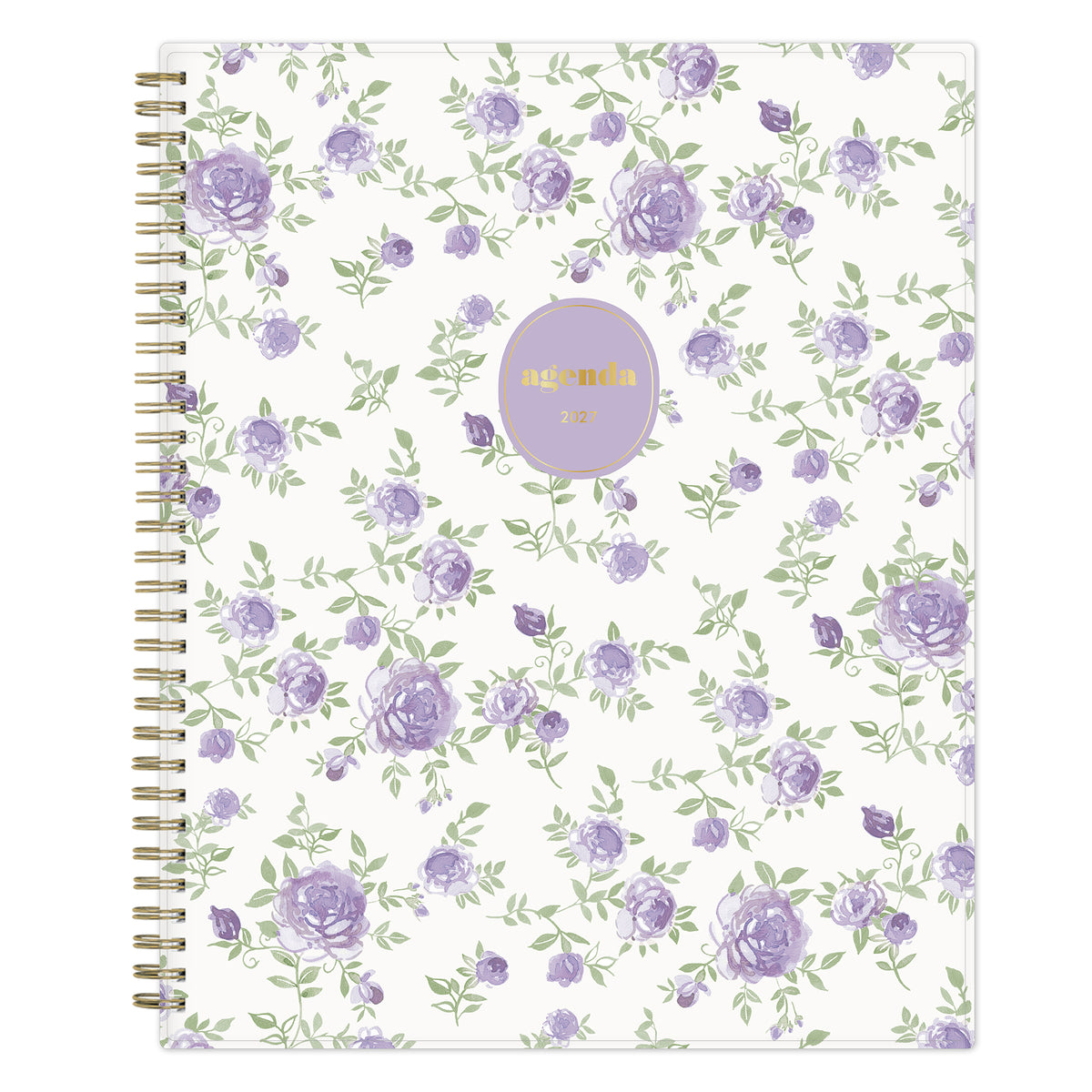 A spiral-bound weekly monthly planner with a white cover decorated with a repeating pattern of purple roses and green leaves. A lavender circular sticker with gold foil text reading &