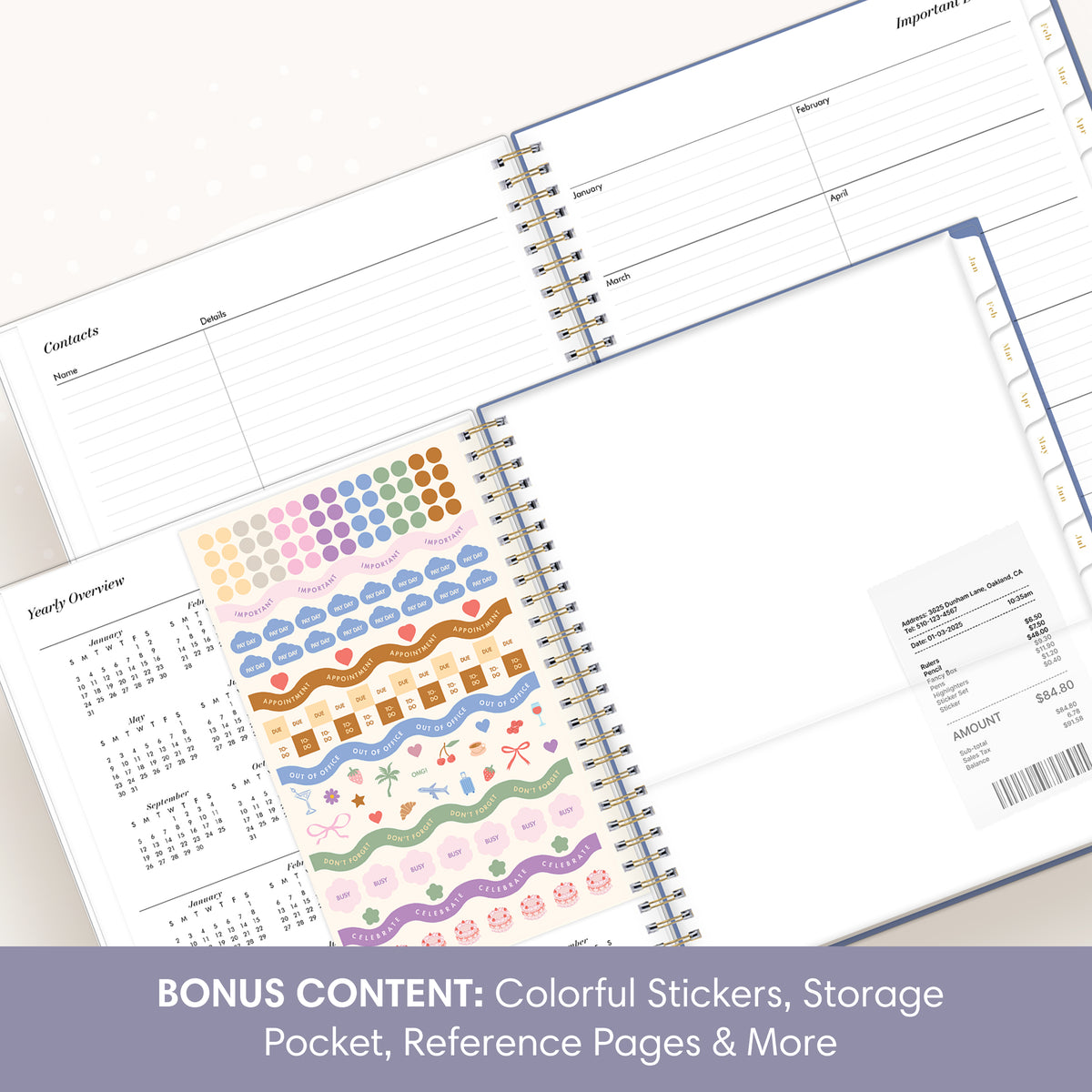 An open spiral-bound planner shown at an angle, with blank sticker sheet and storage pocket. A purple banner at the bottom reads: &