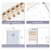 Four-panel product feature graphic for a spiral-bound planner notebook. Top-left shows a close-up of gold-tone twin-wire binding, storage pocket and sticker sheet included