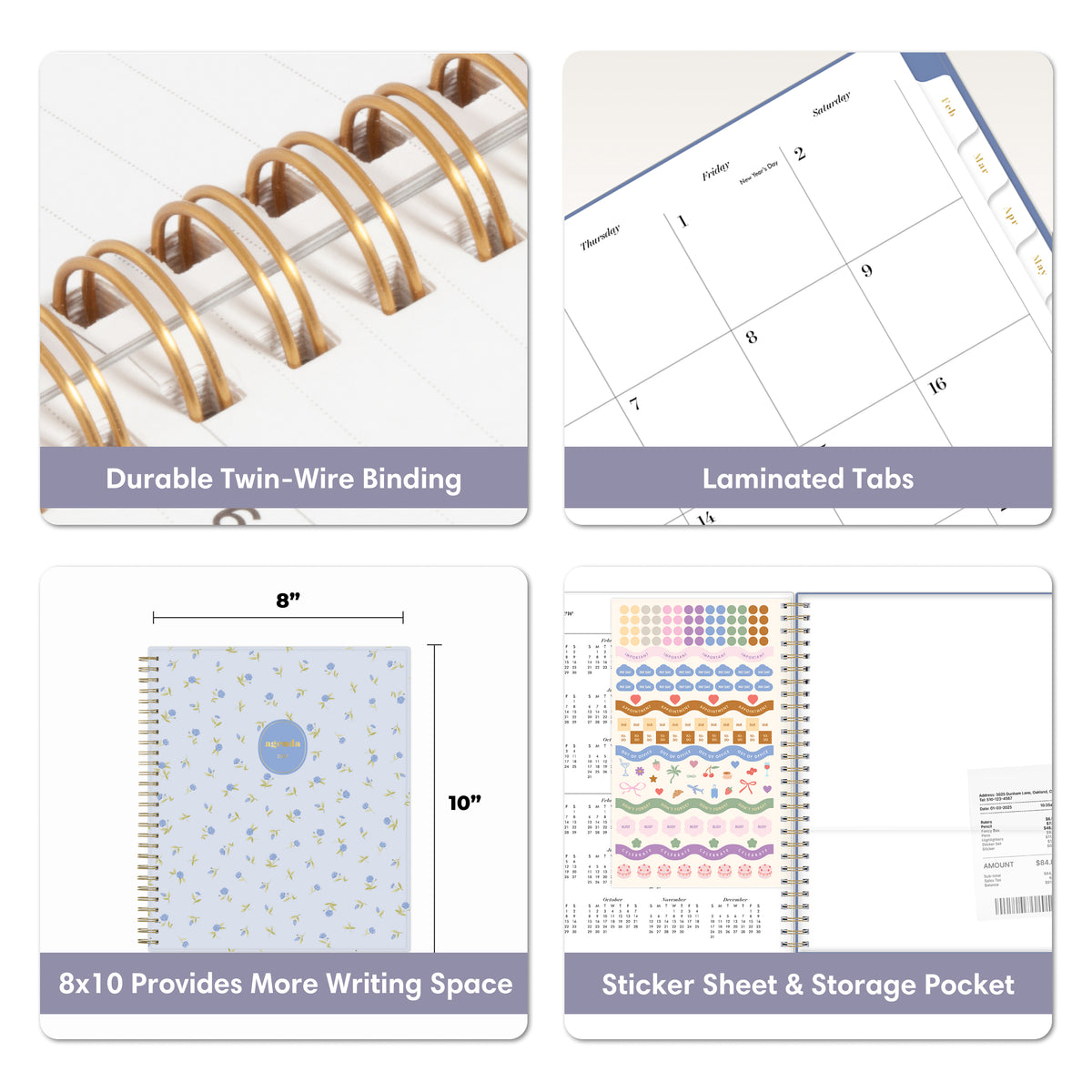 Four-panel product feature graphic for a spiral-bound planner notebook. Top-left shows a close-up of gold-tone twin-wire binding, storage pocket and sticker sheet included