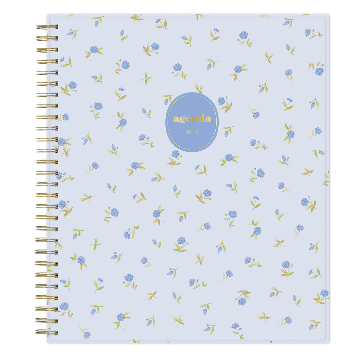 A spiral-bound 2027 agenda with a light blue cover decorated with a delicate pattern of small blue flowers and yellow-green leaves. A circular blue label in the center features the word &