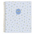A spiral-bound 2027 agenda with a light blue cover decorated with a delicate pattern of small blue flowers and yellow-green leaves. A circular blue label in the center features the word &