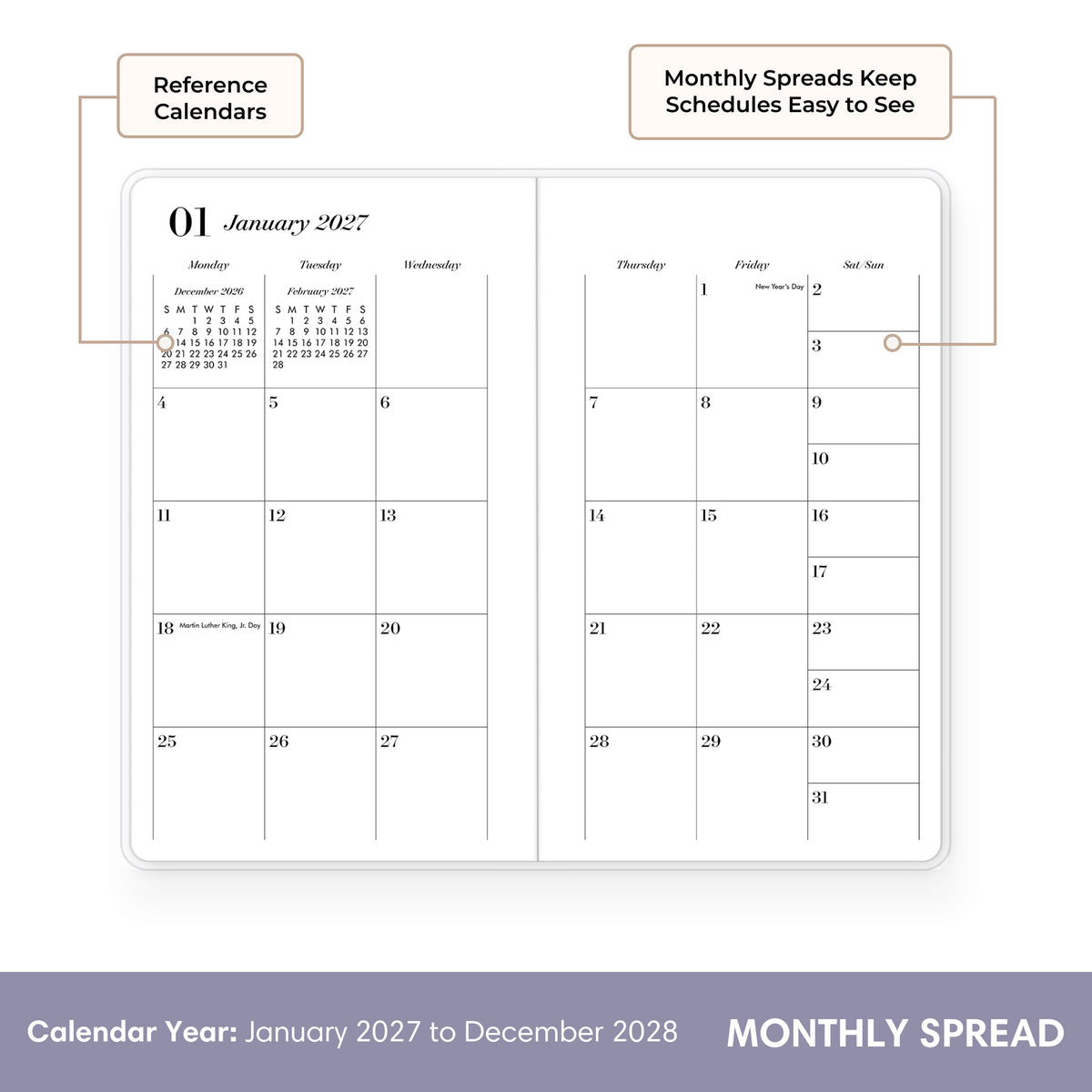 january 207 monthly spread in pocket sized planner featuring reference calendars, and blank open spaces for each day to write in