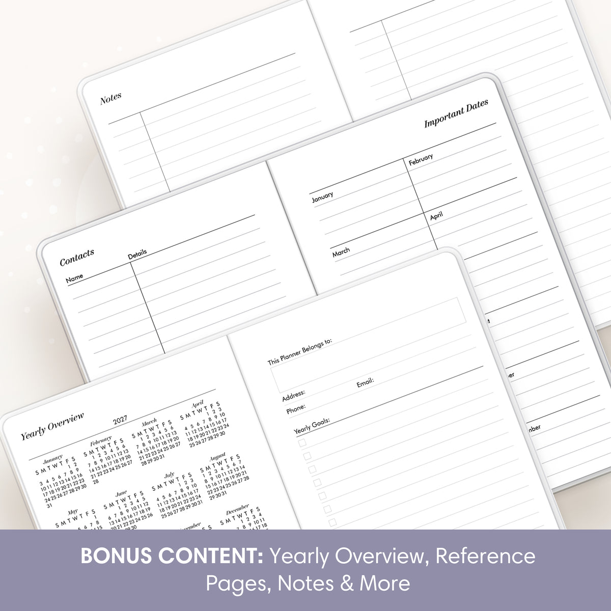 A set of planner pages arranged on a light background, including notes, contacts, important dates, yearly overview, and reference pages. A purple banner at the bottom reads: &