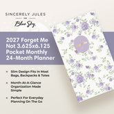 A floral 2027 monthly pocket planner by Sincerely Jules for Blue Sky, featuring a white cover with purple roses and green leave