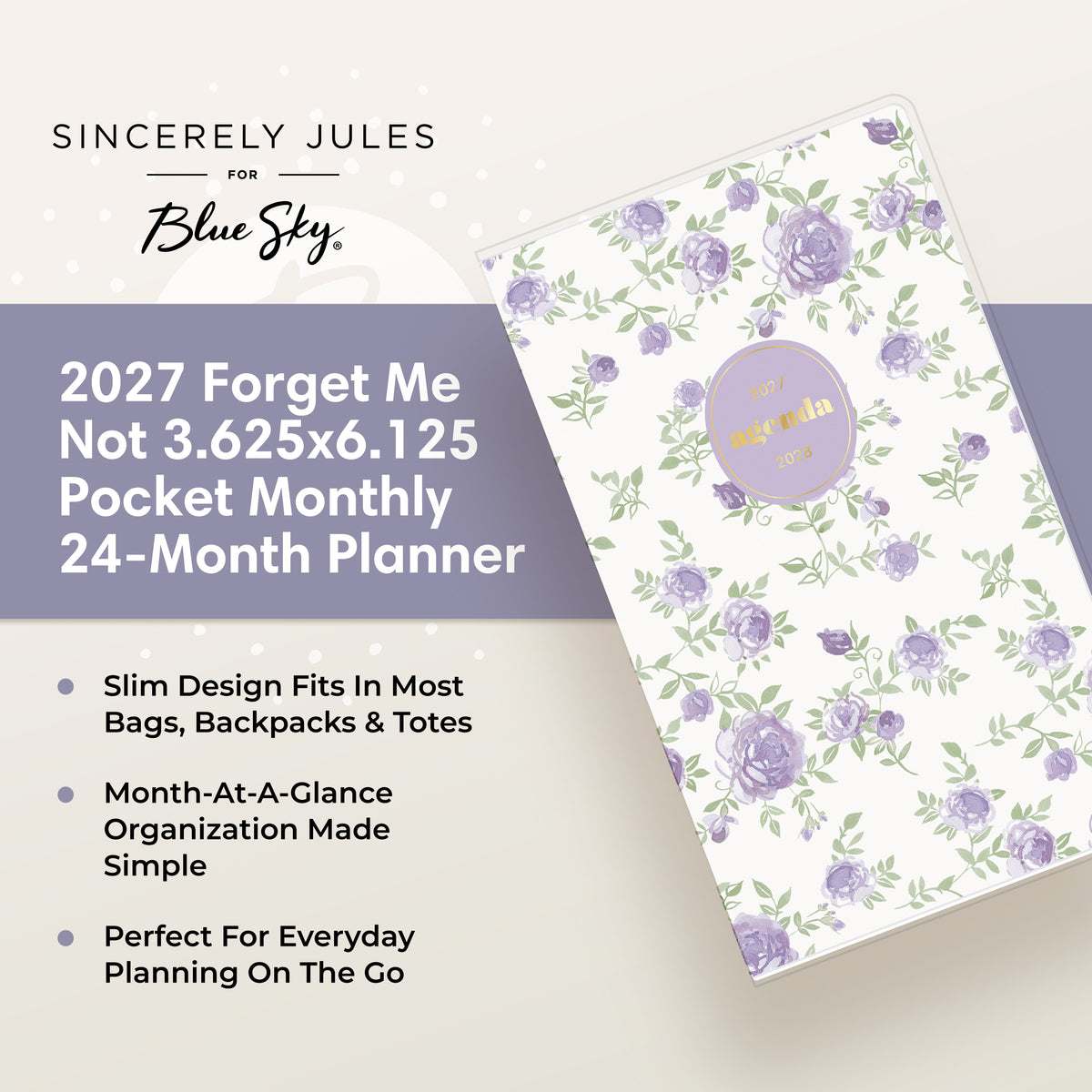 A floral 2027 monthly pocket planner by Sincerely Jules for Blue Sky, featuring a white cover with purple roses and green leave