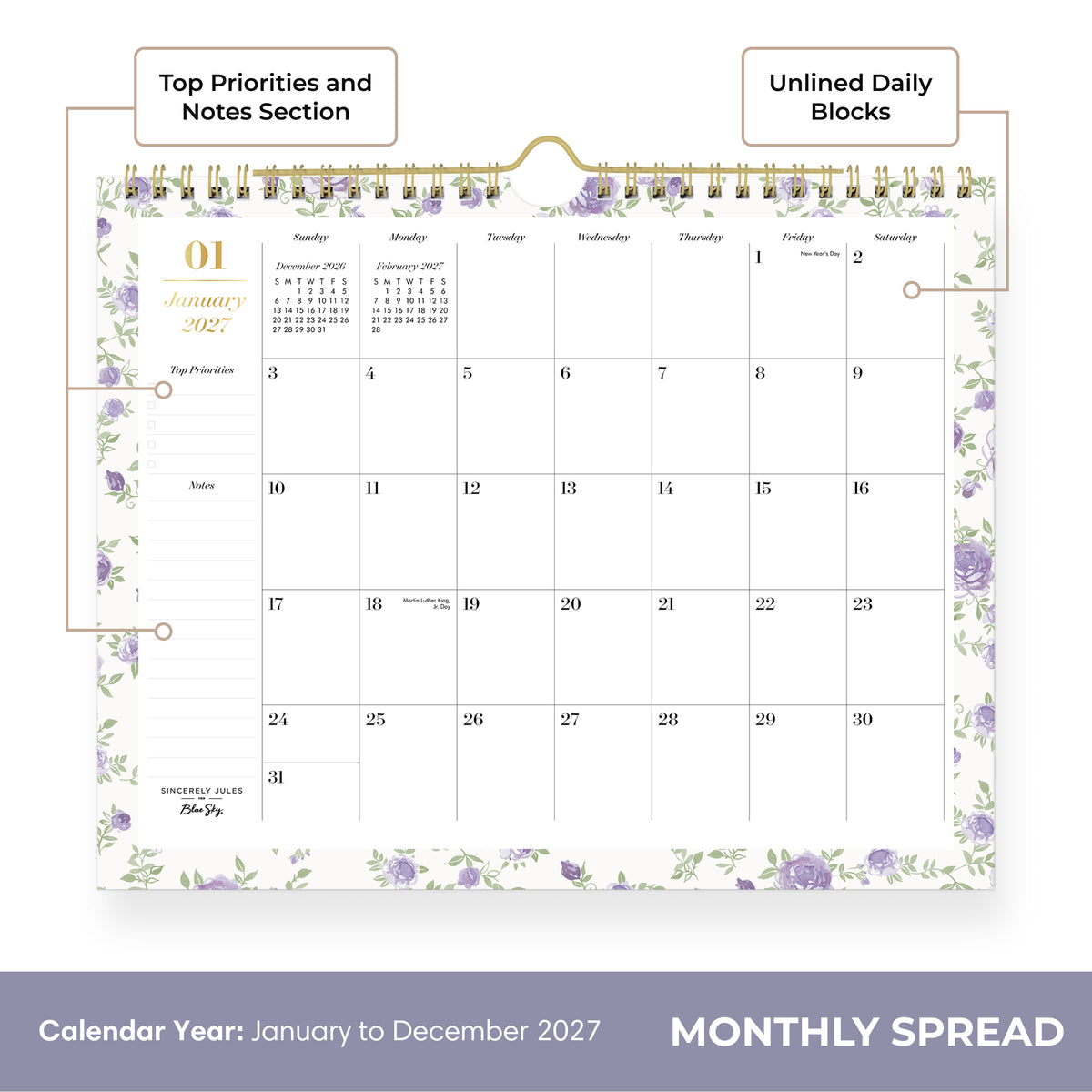 A spiral-bound monthly calendar page for January 2027, featuring a white background with light purple floral borders and gold accents, including a gold spiral binding and a gold clip at the top.