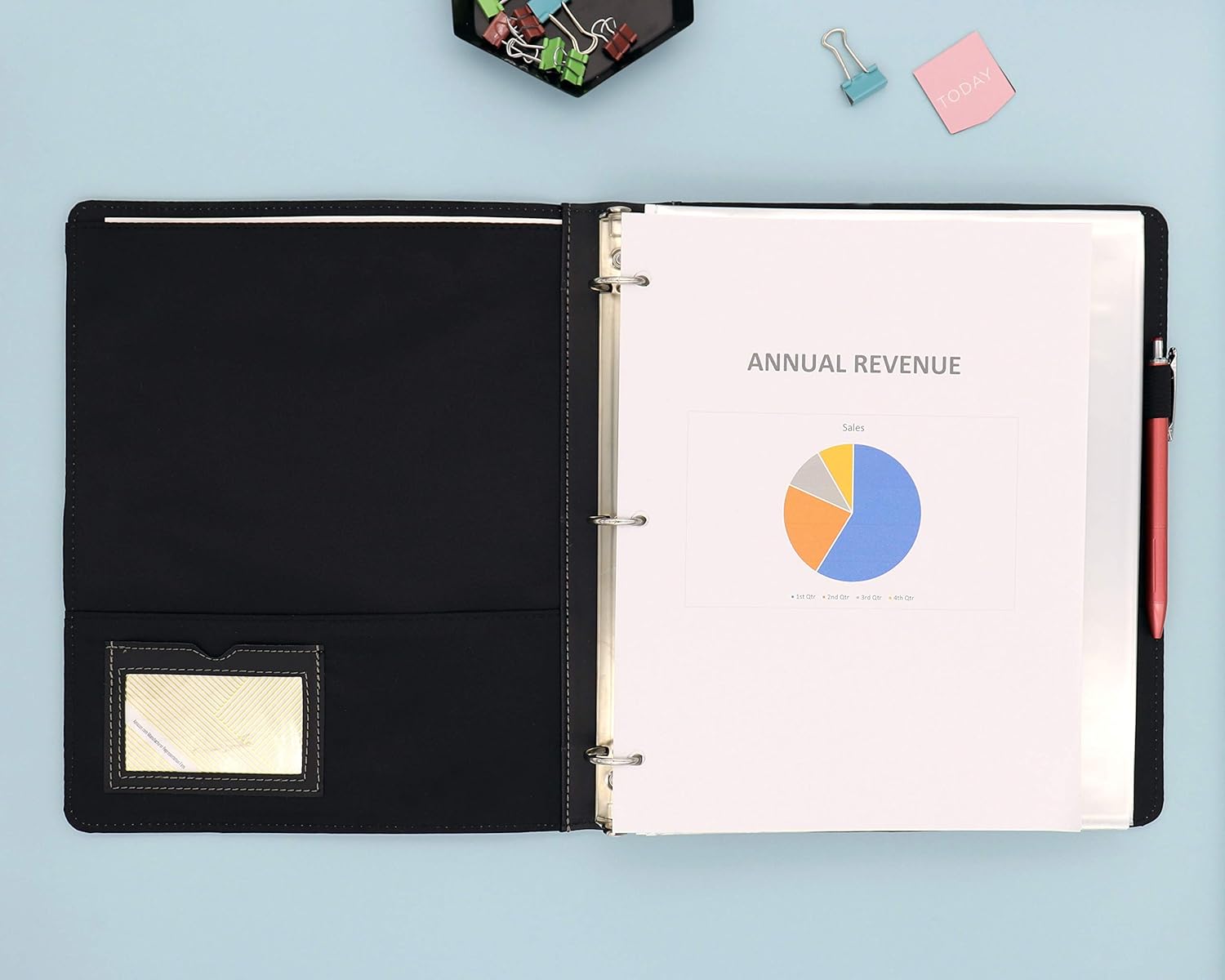 1" pro view binder 6-pack featuring a clear front cover for presentations, projects, etc. 3 hole binder and wrapped in faux leather with storage pockets and business card holder, and pen loop
