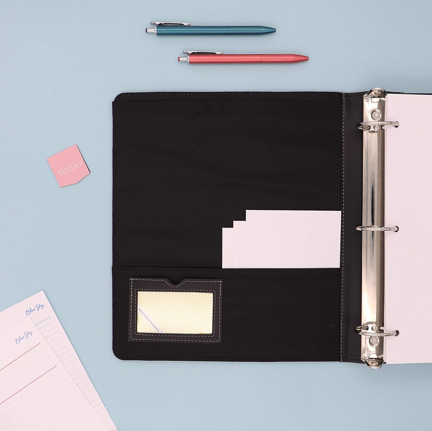 1.5" pro view binder featuring a clear front cover for presentations, projects, etc. 3 hole binder and wrapped in faux leather with storage pockets and business card holder, and pen loop