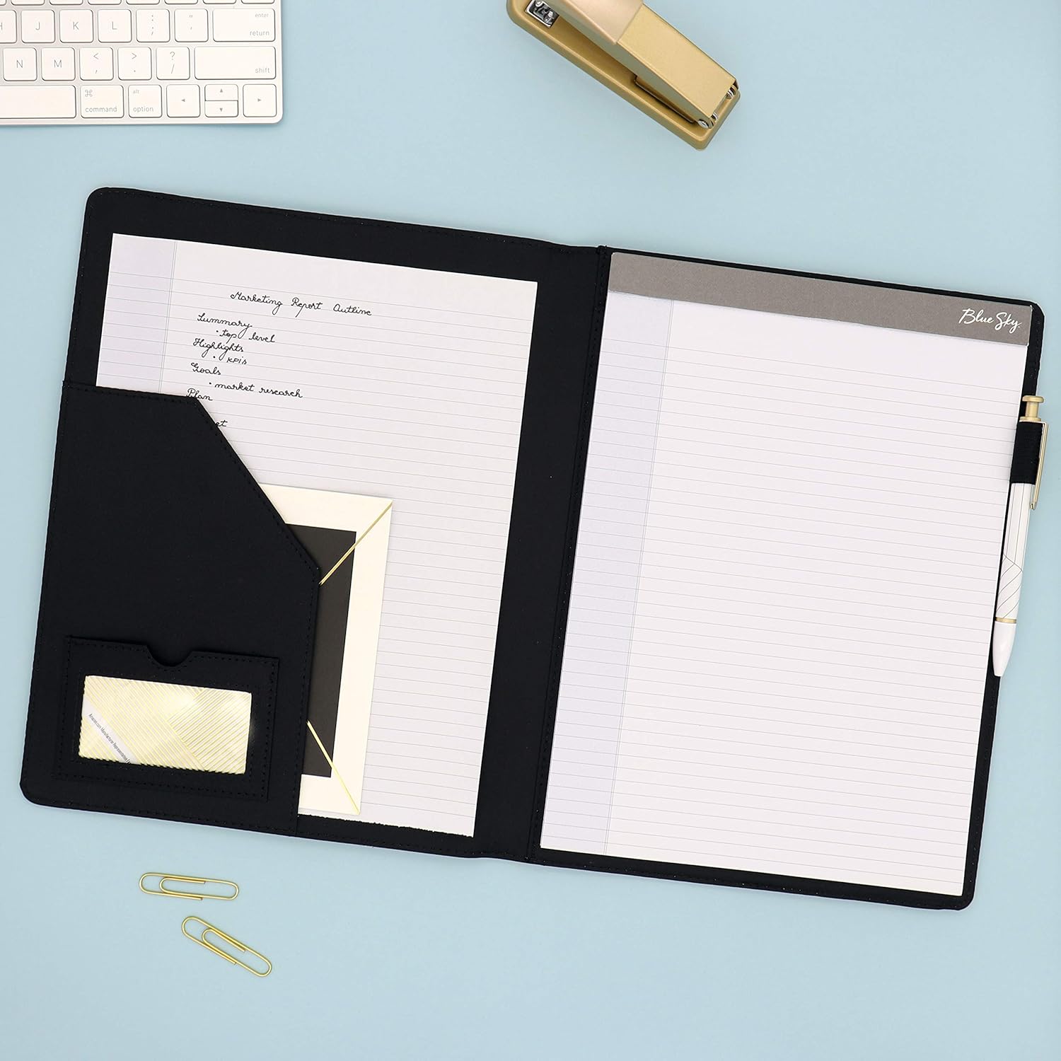 padfolio organizer in black by blue sky includes a 8.5x11 notepad with lined writing space, card holder, and storage pocket.
