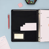 1" pro view binder 6-pack featuring a clear front cover for presentations, projects, etc. 3 hole binder and wrapped in faux leather with storage pockets and business card holder, and pen loop