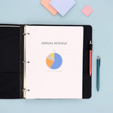 1" pro view binder 6-pack featuring a clear front cover for presentations, projects, etc. 3 hole binder and wrapped in faux leather with storage pockets and business card holder, and pen loop