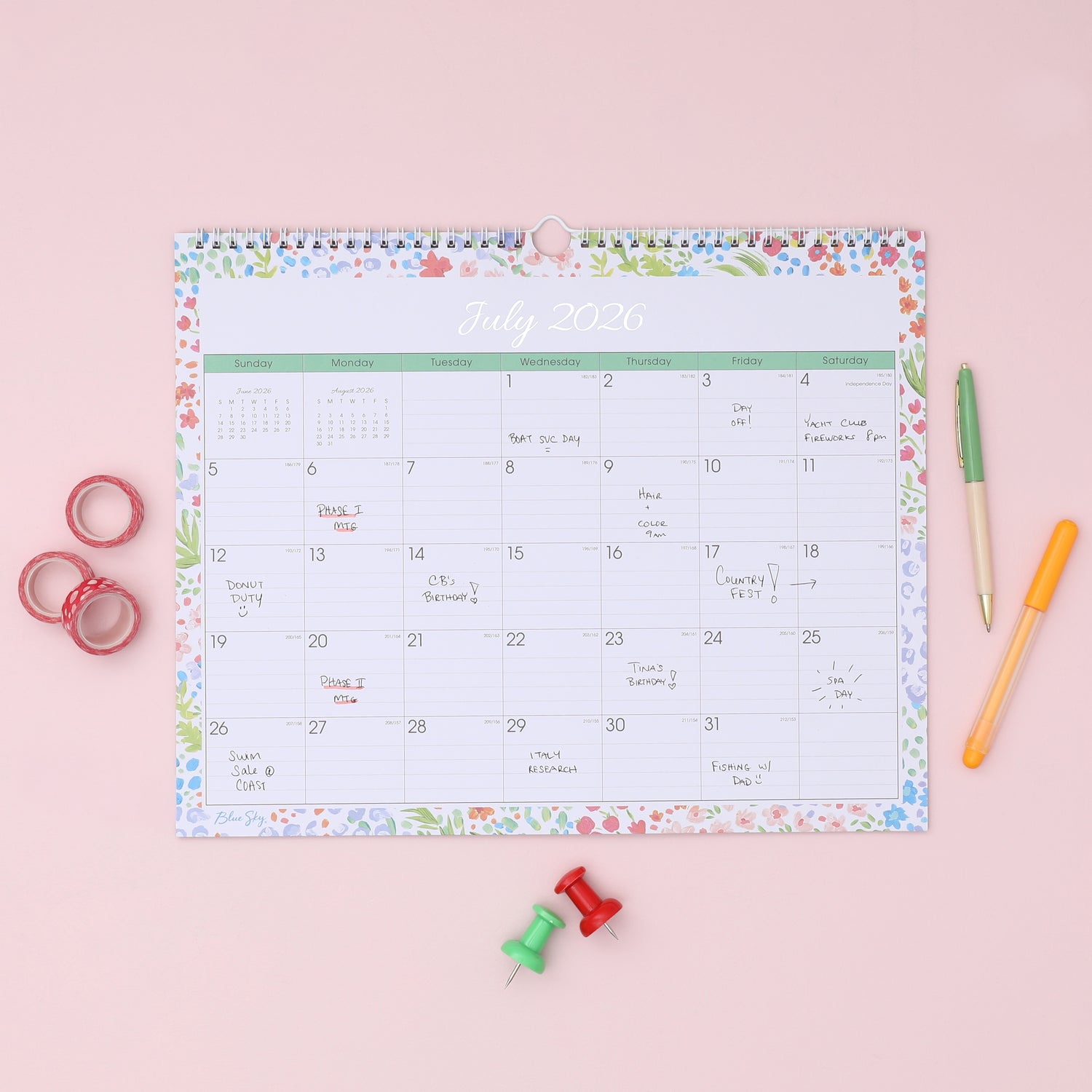 15x12 wall calendar for july 2026 - june 2027 featuring lined writing space and a floral border
