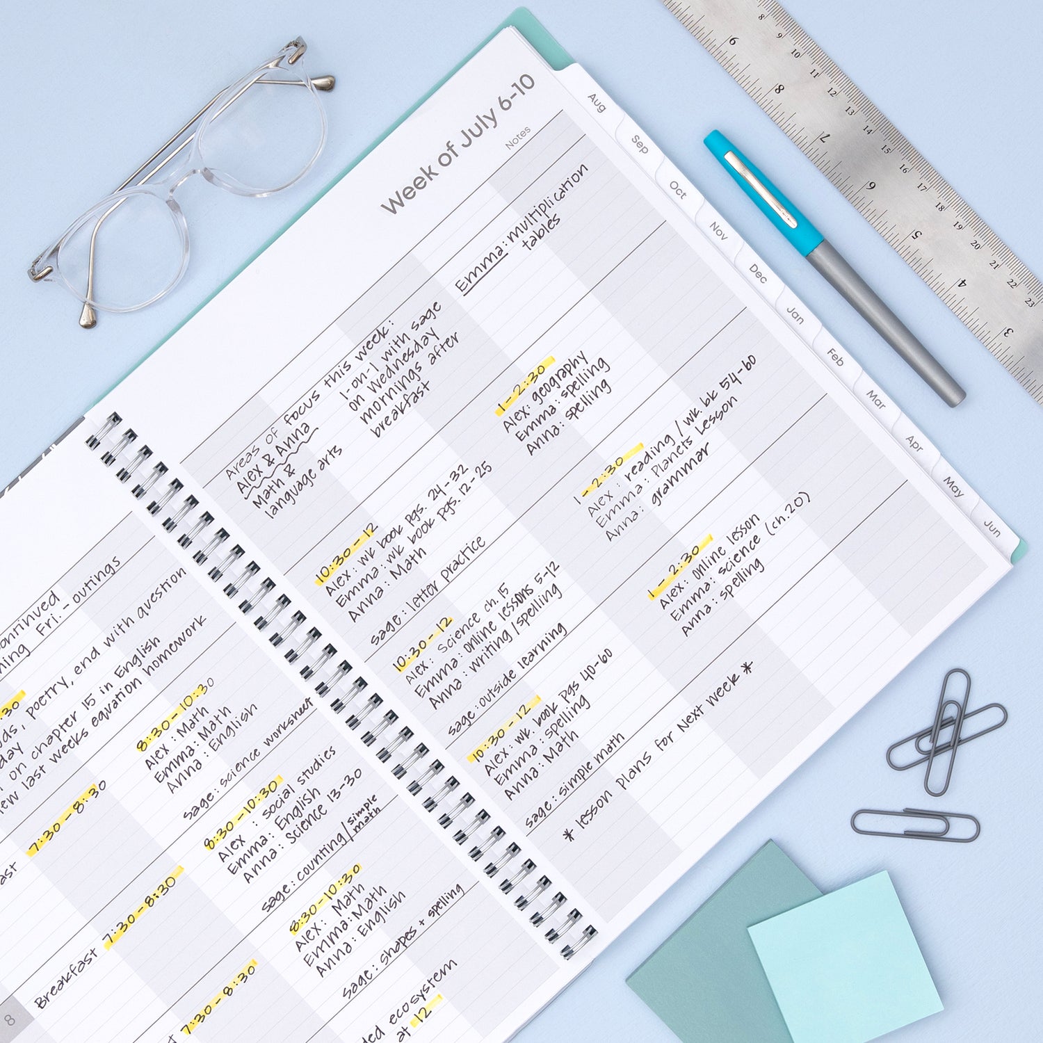 2026-2027 teacher weekly spread featuring ample writing space and sections for each subject or class
