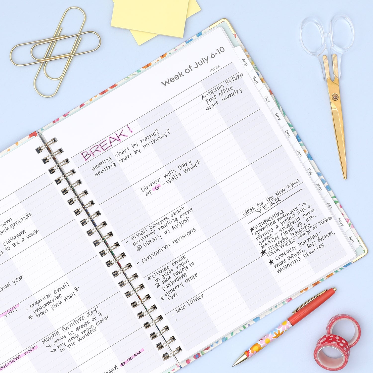 2026-2027 teacher weekly spread featuring ample writing space and sections for each subject or class