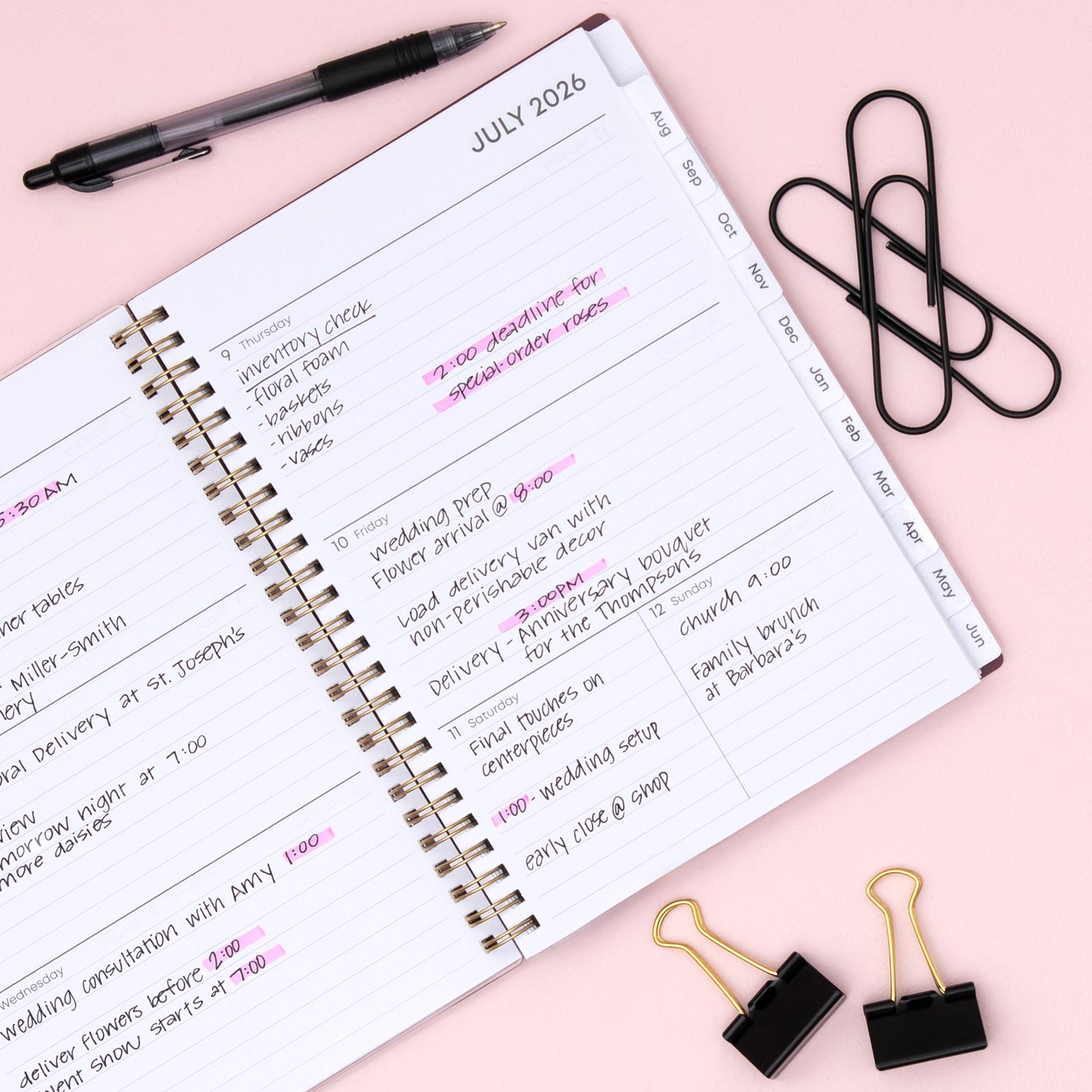 weekly planner notes featuring lined writing space and white monthly tabs