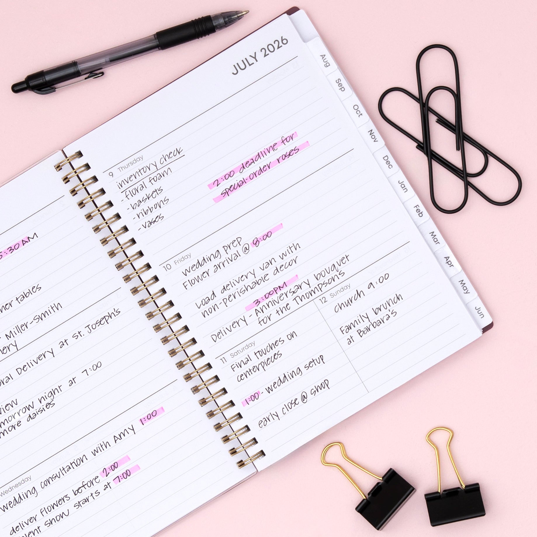 weekly planner notes featuring lined writing space and white monthly tabs