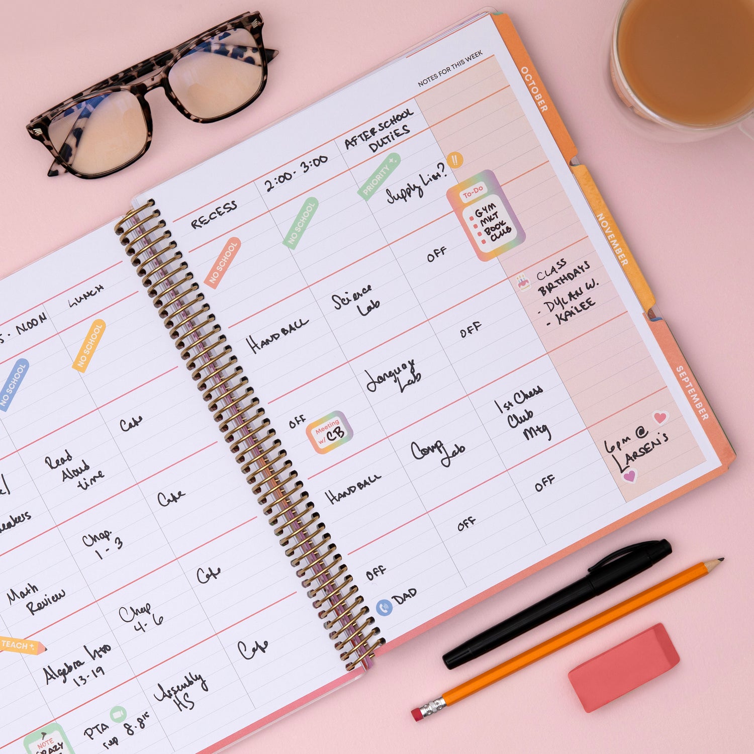 2026-2027 teacher weekly spread featuring ample writing space and sections for each subject or class
