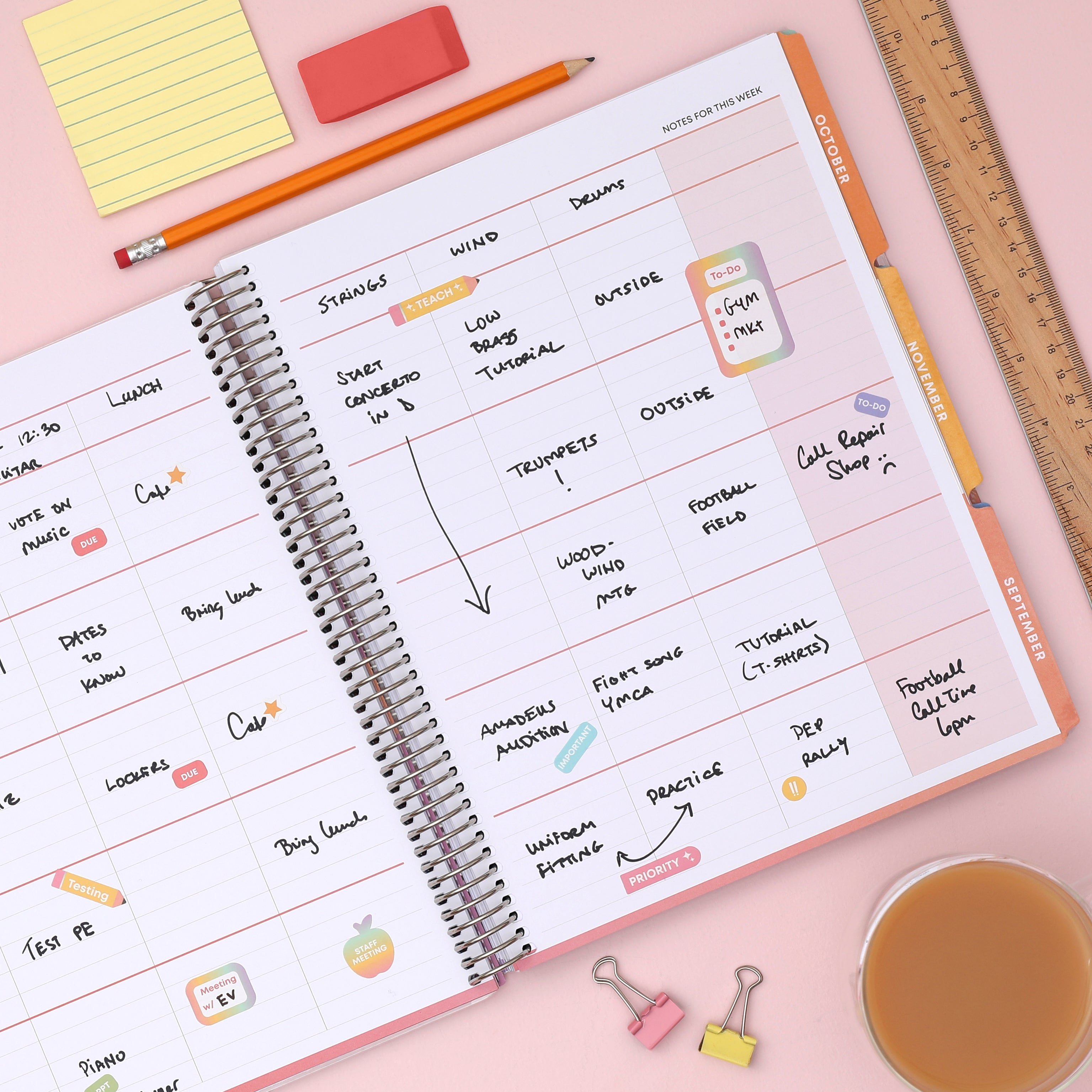 weekly spread featuring multi colored monthly tabs, ample lined writing space 