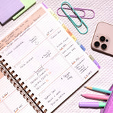 2026-2027 weekly spread featuring ample writing space, bullet points, to do-list and multi colored monthly tabs