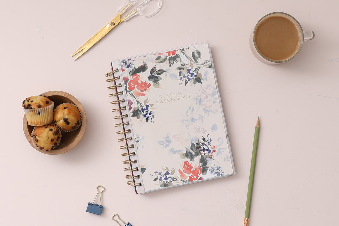 2024 january - 2024 december gold wire-o weekly monthly planner notes featuring floral pattern