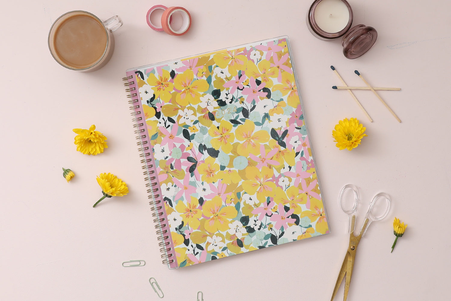 2024 planner weekly monthly featuring gold wire-o and yellow pink flowers 8.5x11