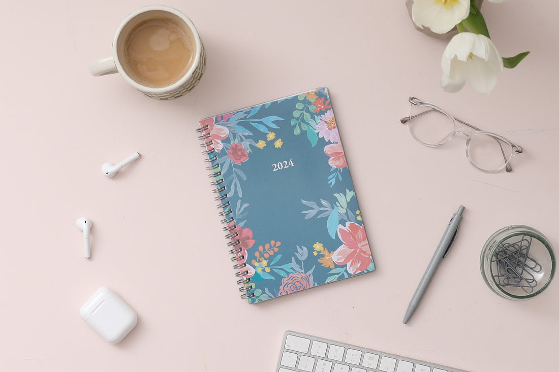 2024 blue sky floral cover and grey background weekly monthly planner in 5x8 planner size