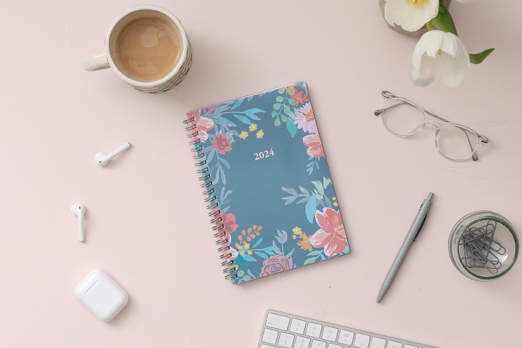 2024 blue sky floral cover and grey background weekly monthly planner in 5x8 planner size