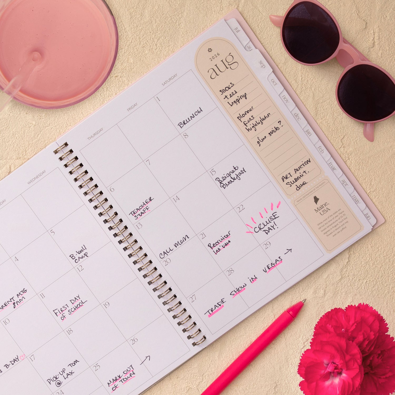 monthly spread on this 8.5x11 planner featuring august 2026 blank writing space, lined noes section.