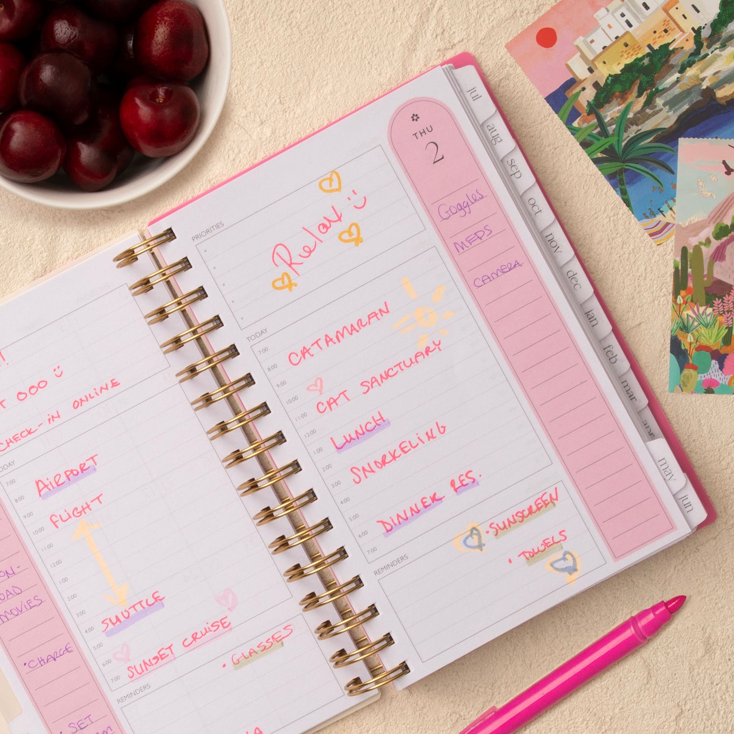 open spread daily view of this 5x8 planner featuring lined writing space and white monthly tabs, notes section, and hourly increments