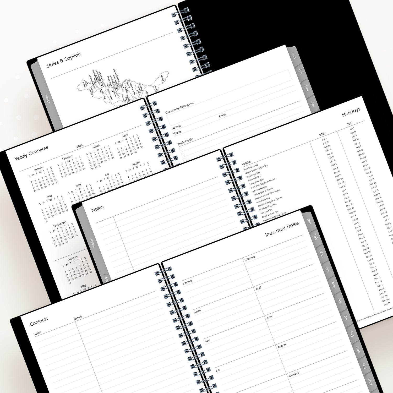 States and capitals, yearly overview for 2026 and 2027, notes section, and contacts page.