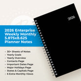 feature callout for this 2026 planner includes notes pages, goals, overview, dates page, holidays.