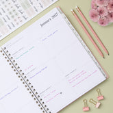 2027 weekly spread features ample lined writing space for to do lists, notes section, reference calendars, bullet points, and monthly tabs