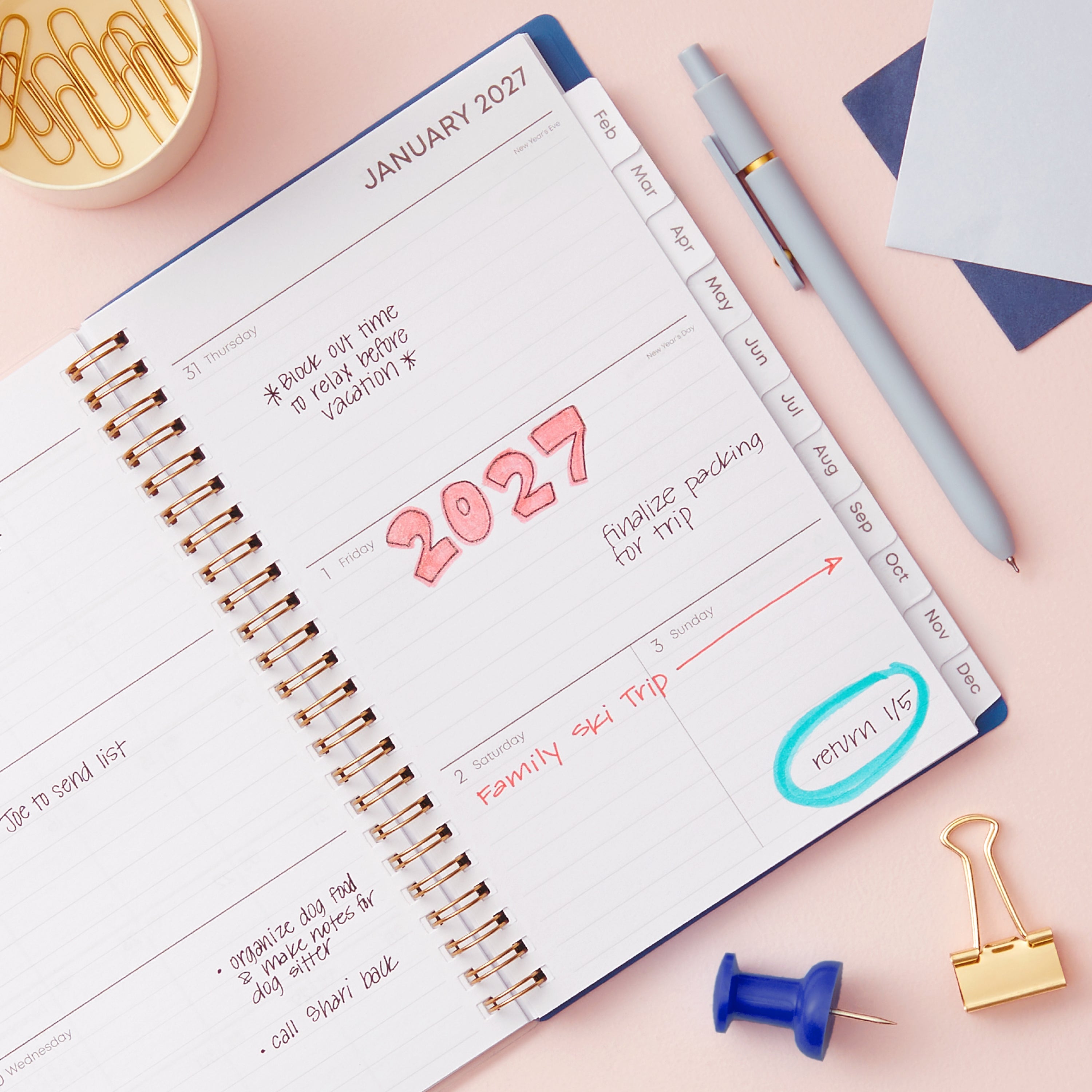 2027 weekly spread features ample lined writing space for to do lists, notes section, reference calendars, bullet points, and monthly tabs