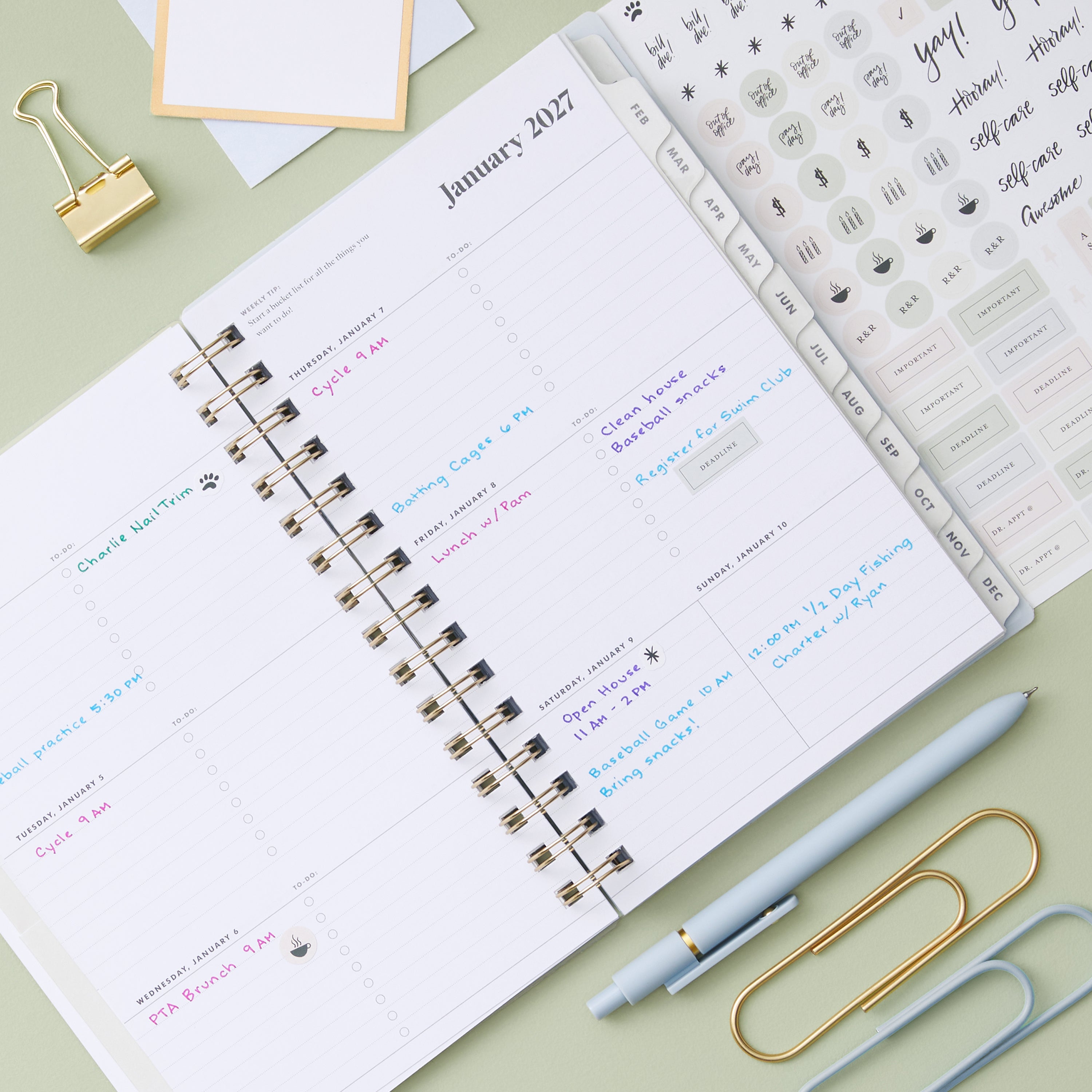 2027 weekly spread features ample lined writing space for to do lists, notes section, reference calendars, bullet points, and monthly tabs