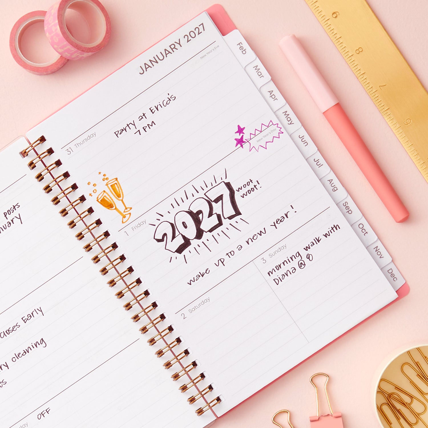 2027 weekly spread features ample lined writing space for to do lists, notes section, reference calendars, bullet points, and monthly tabs