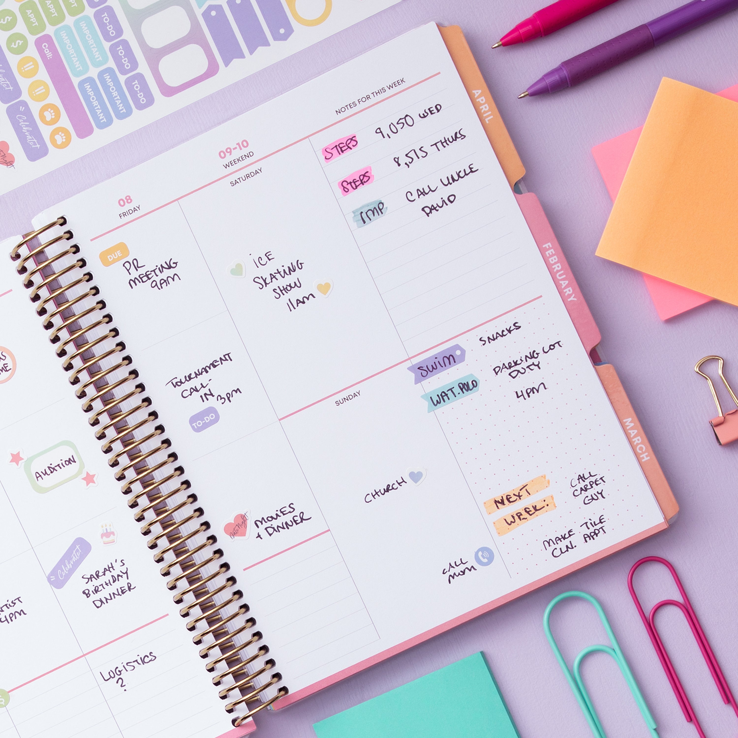 Weekly planner with new vertical layout and full spectrum color design, featuring dot grid and lined sections for notes with ample writing space 7x9 size