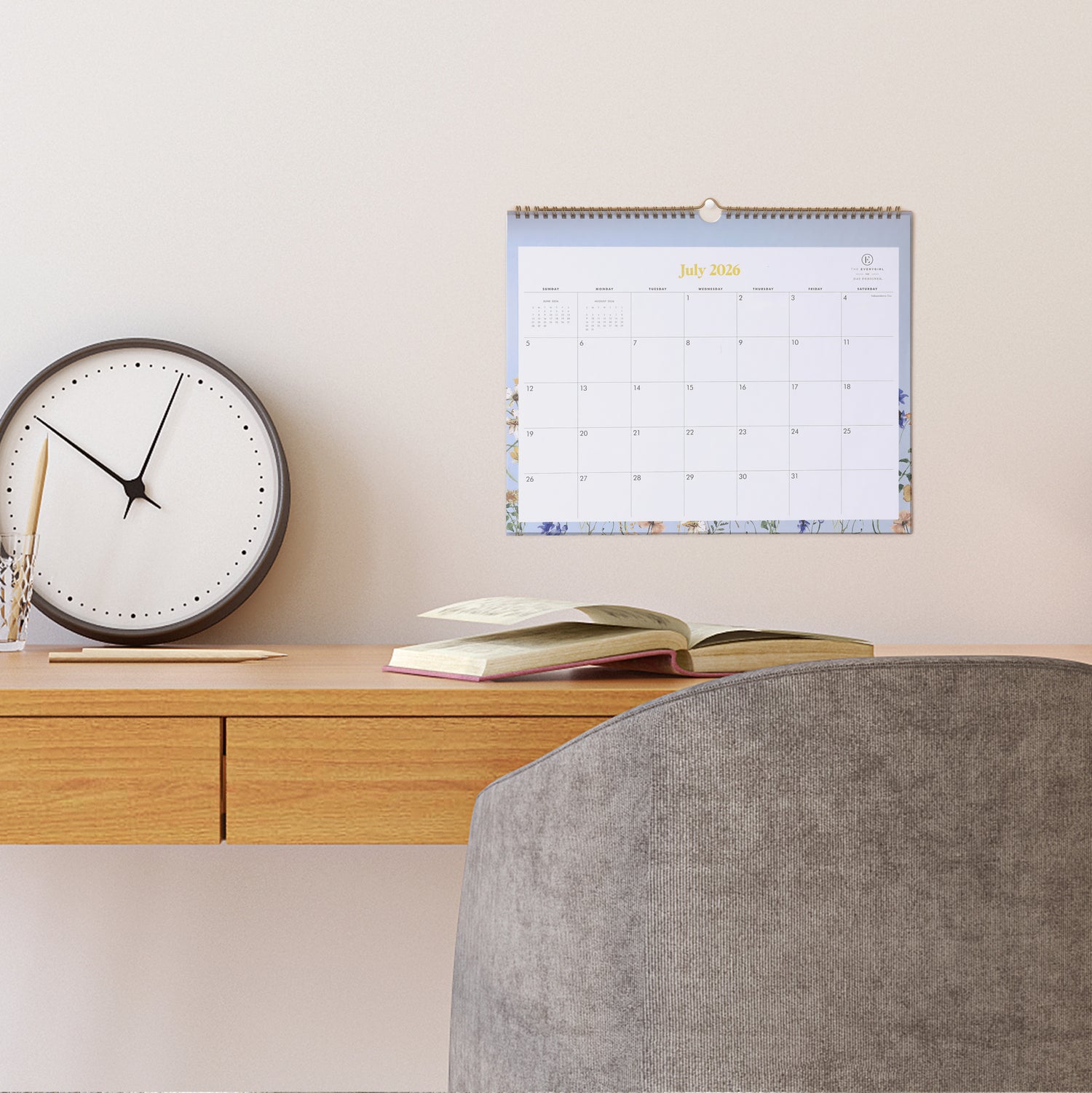 Calendar for July 2026-June 2027 with floral design and motivational stickers on a white background, ample blank writing space and reference calendars