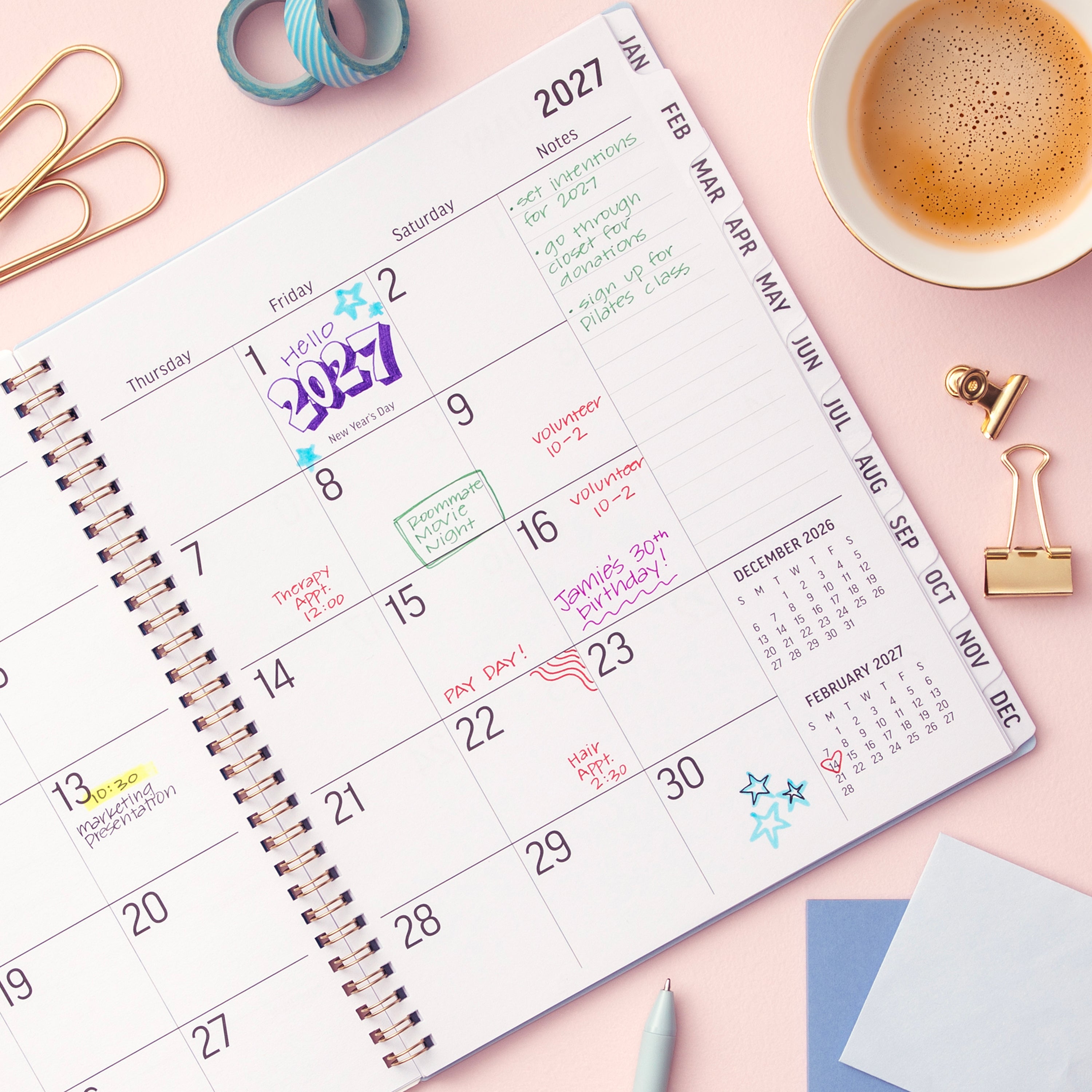 2027 monthly spread featuring ample blank  writing space for each date, notes section, reference calendars, and monthly tabs