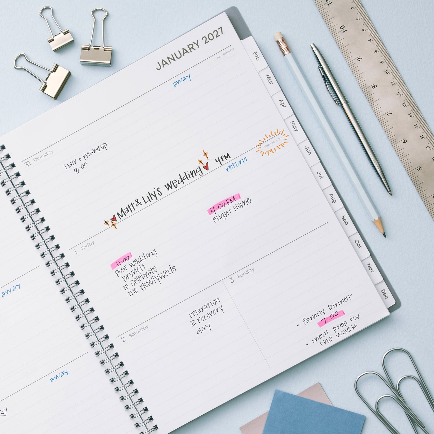 2027 weekly spread features ample lined writing space for to do lists, notes section, reference calendars, bullet points, and monthly tabs