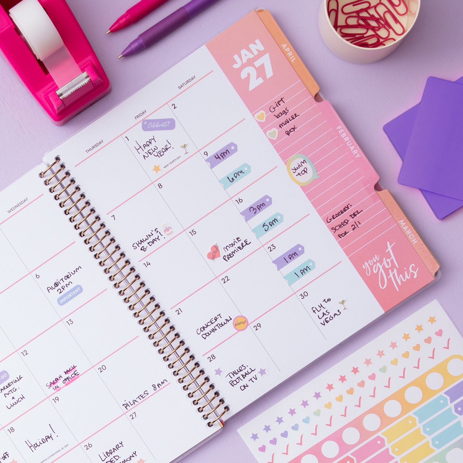 2027 monthly spread featuring ample blank writing space for each date, notes section, reference calendars, and monthly tabs