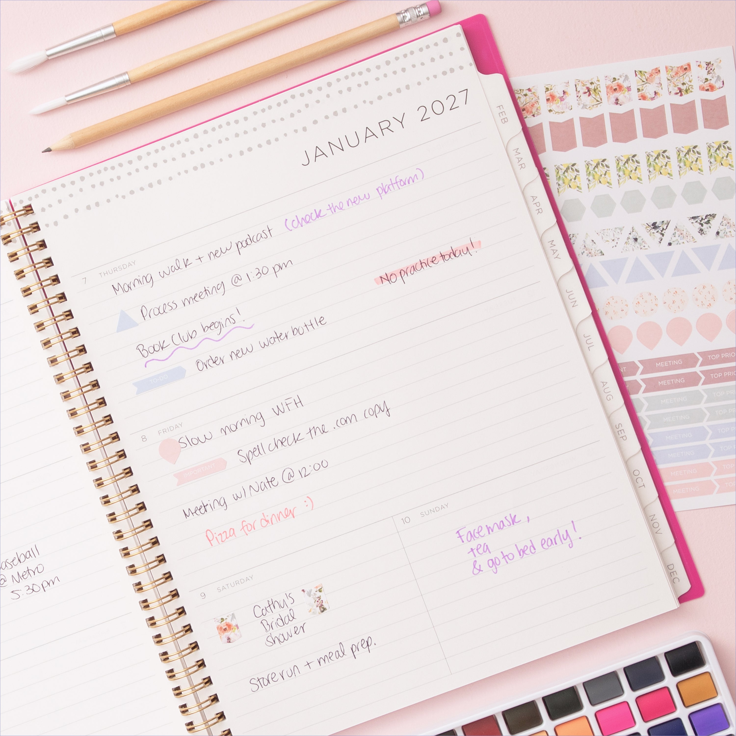 2027 weekly spread features ample lined writing space for to do lists, notes section, reference calendars, bullet points, and monthly tabs