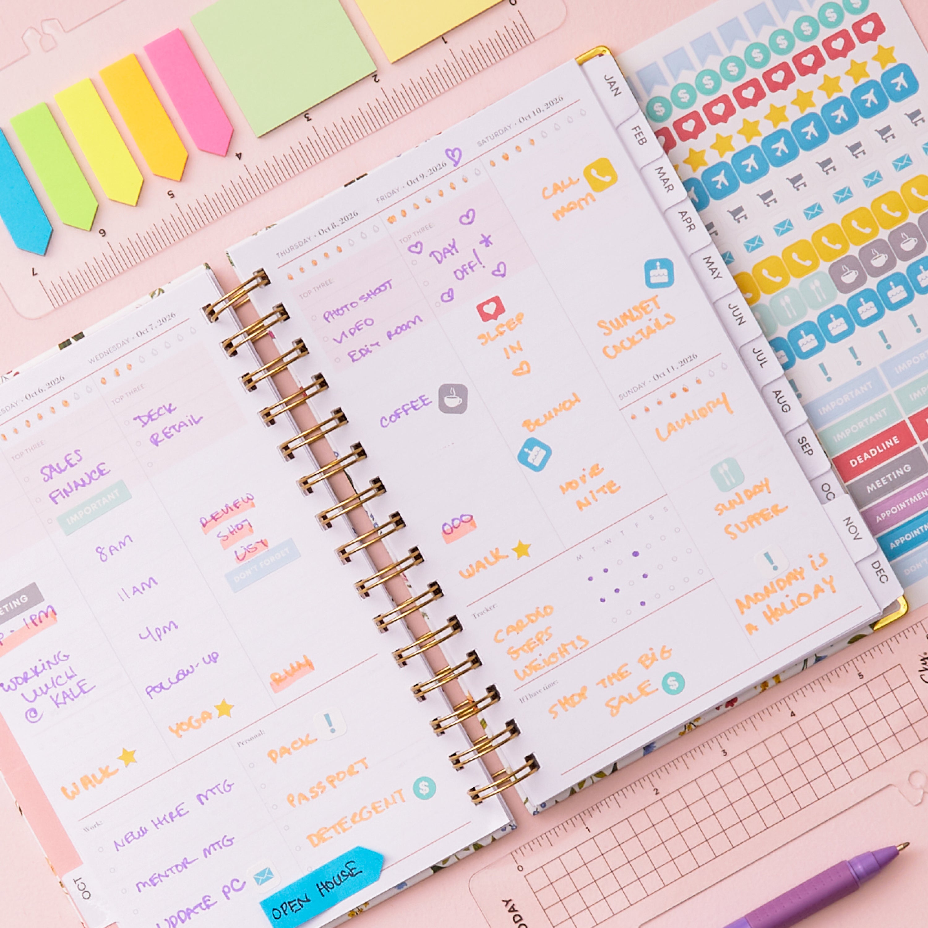 2027 weekly spread features ample lined writing space for to do lists, notes section, reference calendars, bullet points, and monthly tabs