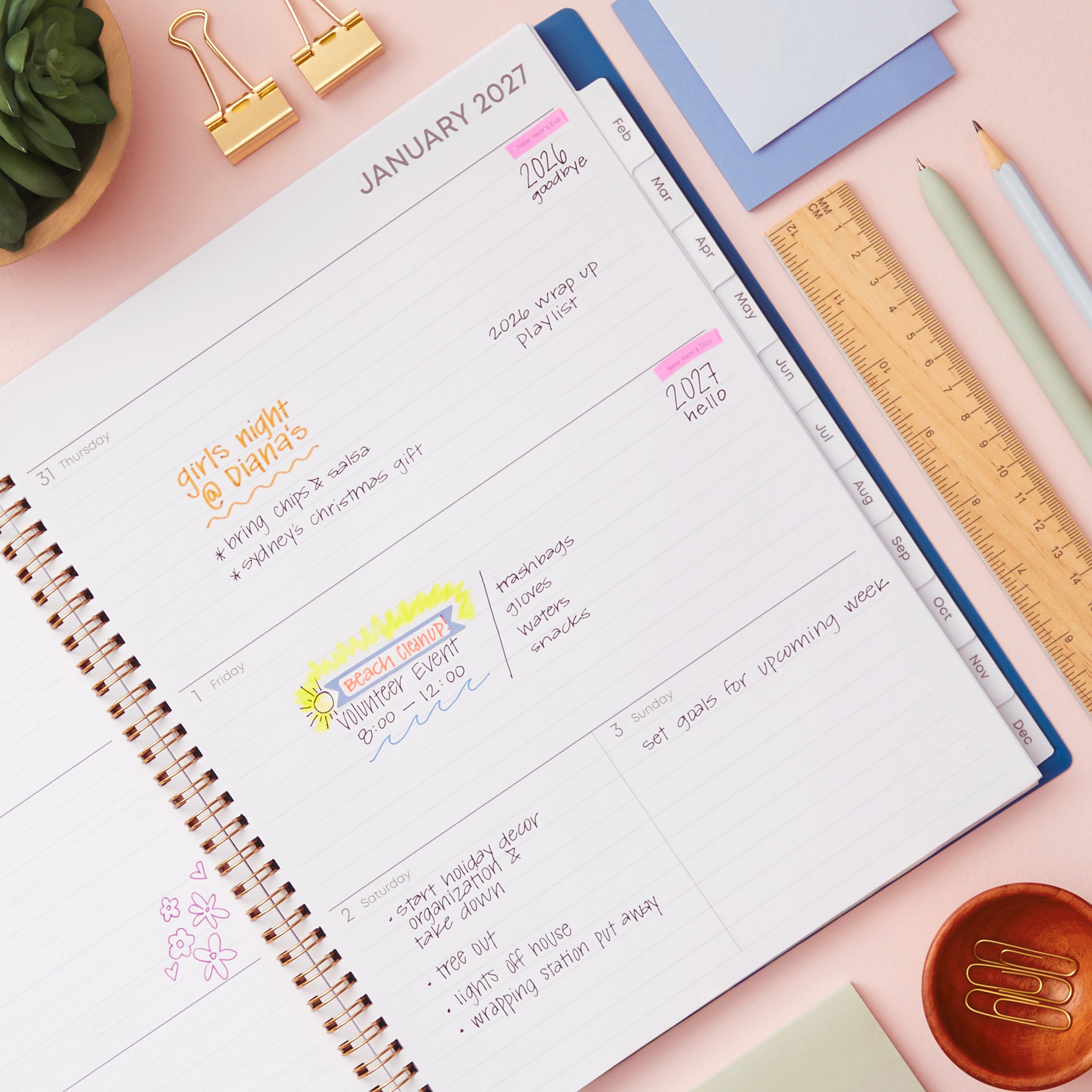 2027 weekly spread features ample lined writing space for to do lists, notes section, reference calendars, bullet points, and monthly tabs