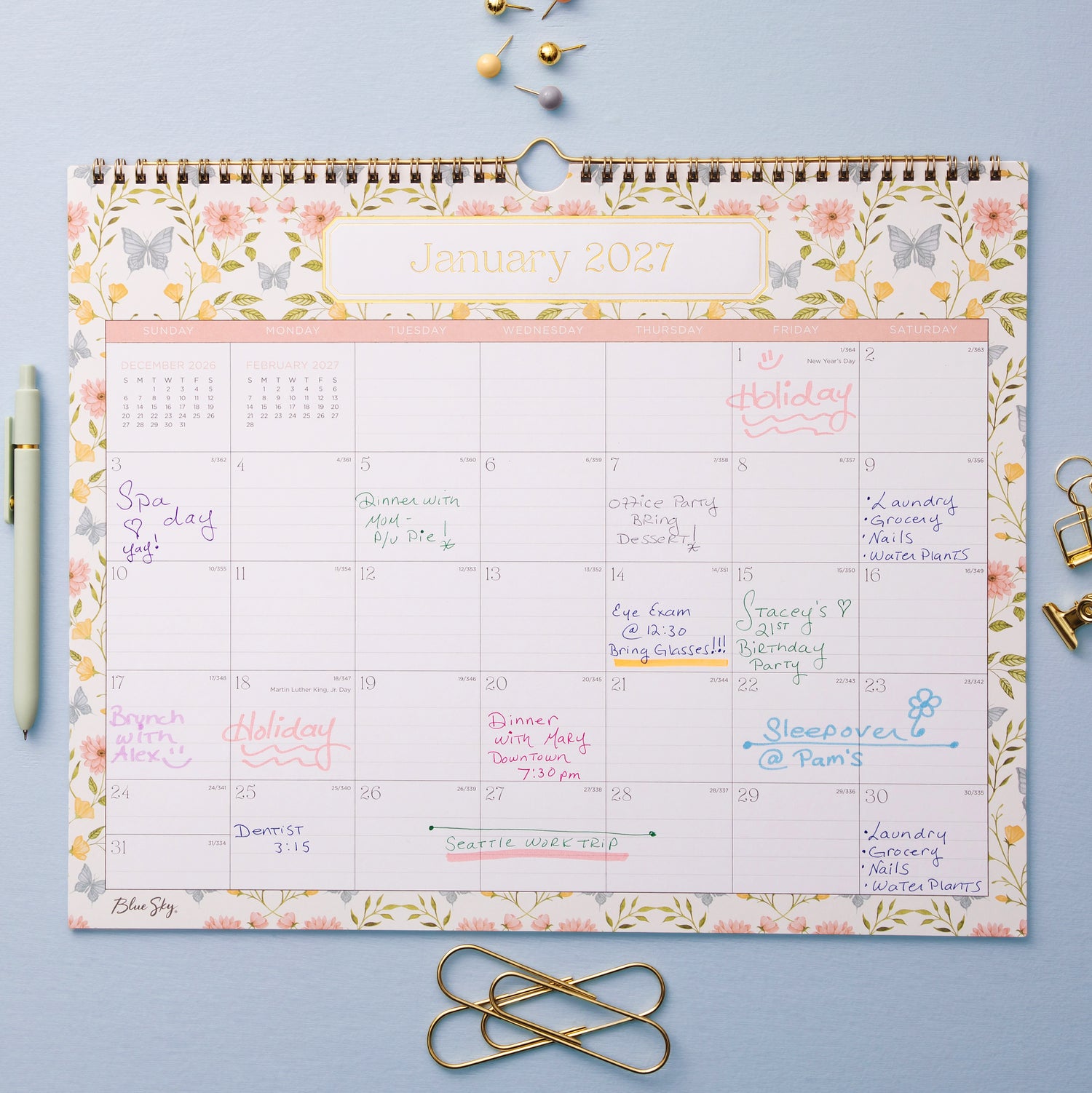 Floral and butterfly design calendar for January 2027 on a white background in 15x12 size with lined writing space and reference calendars