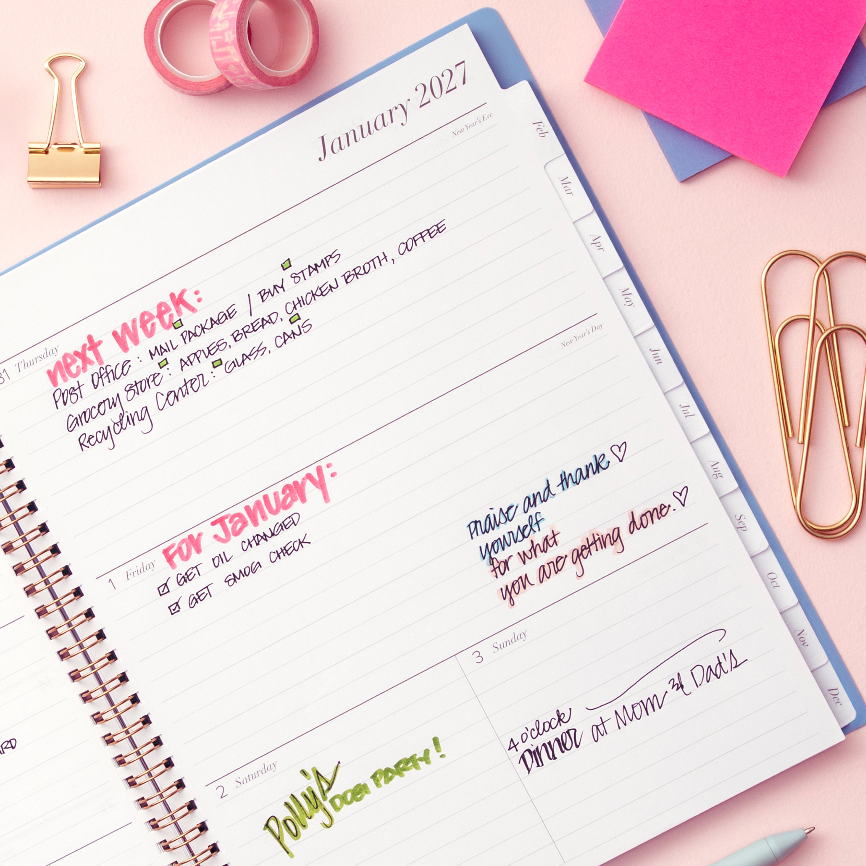 2027 weekly spread features ample lined writing space for to do lists, notes section, reference calendars, bullet points, and monthly tabs