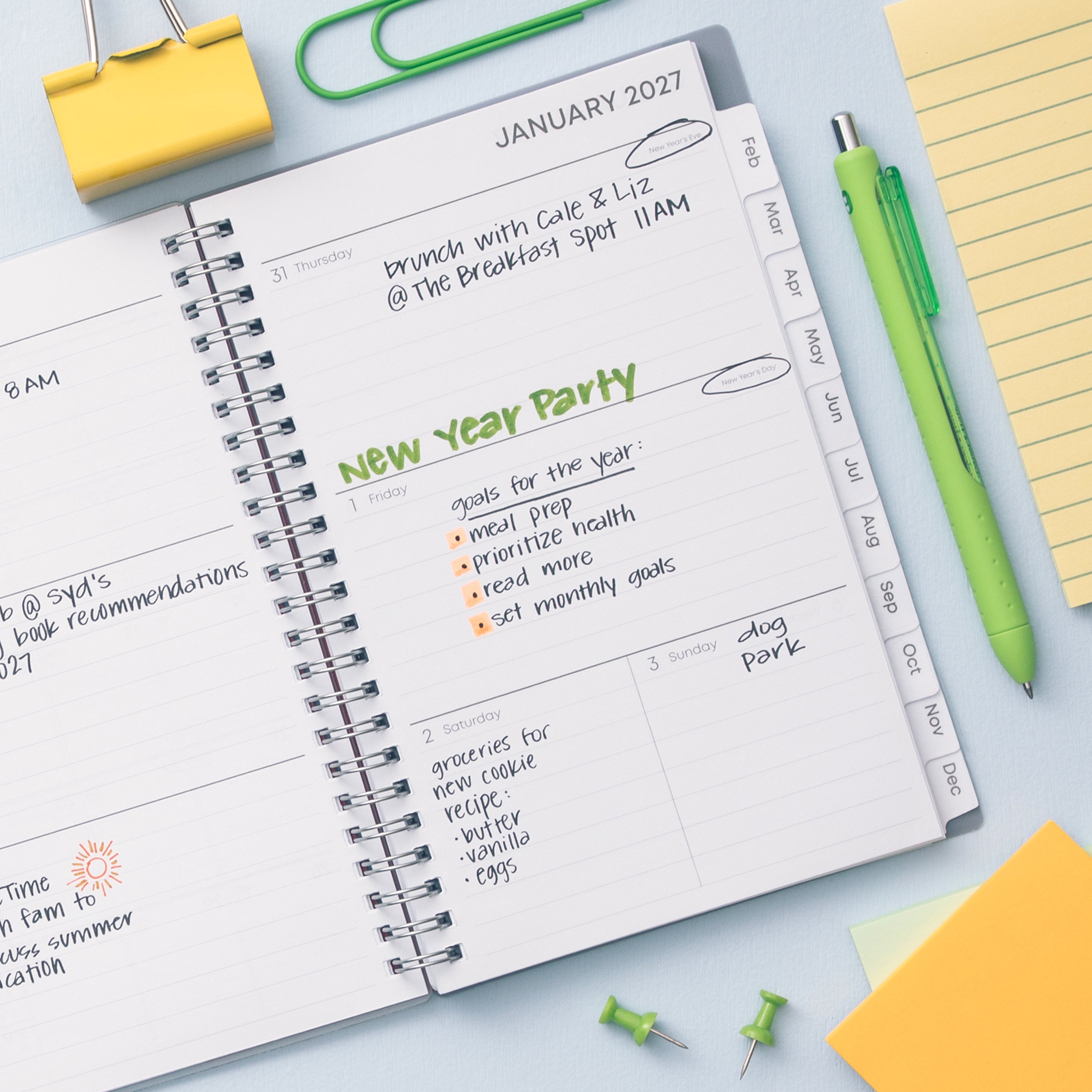 2027 weekly spread features ample lined writing space for to do lists, notes section, reference calendars, bullet points, and monthly tabs