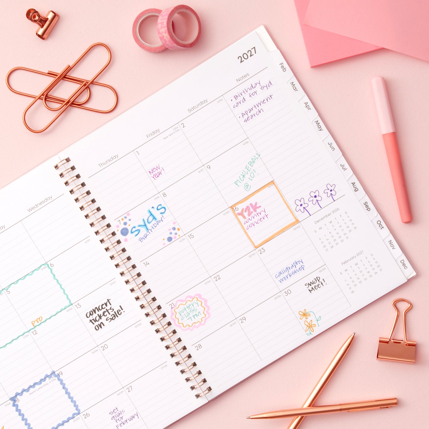 2027 monthly spread featuring ample blank writing space for each date, notes section, reference calendars, and monthly tabs